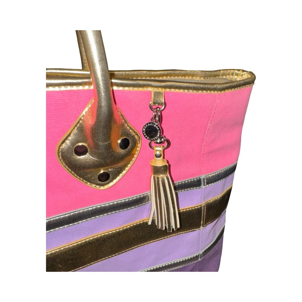 Isaac Mizrahi Canvas Beach Tote Gold Pink Purple Large - Picture 3 of 9